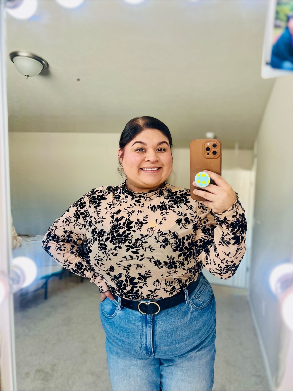 SHEIN Black and Cream Floral Blouse